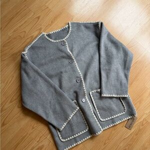 NWT Gray Button-Up Jacket with Cream Trim